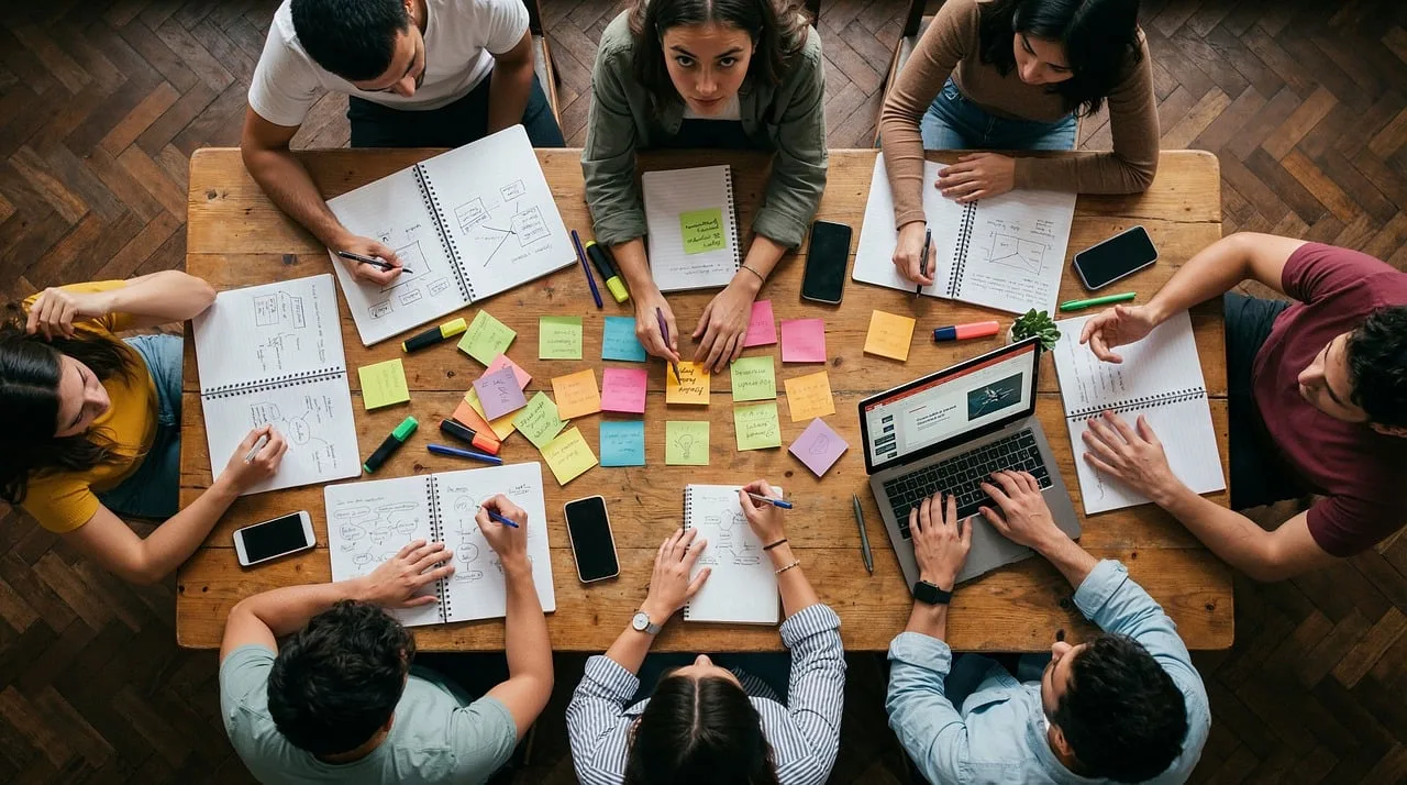 eam, workshop, office, collaboration, sticky notes, planning, strategy, brainstorming, table, overhead, people, working, laptop, notebooks, creativity, business, meeting, together, analysis, group, ai generated. Account based marketing mistakes: seven traps and a repair map