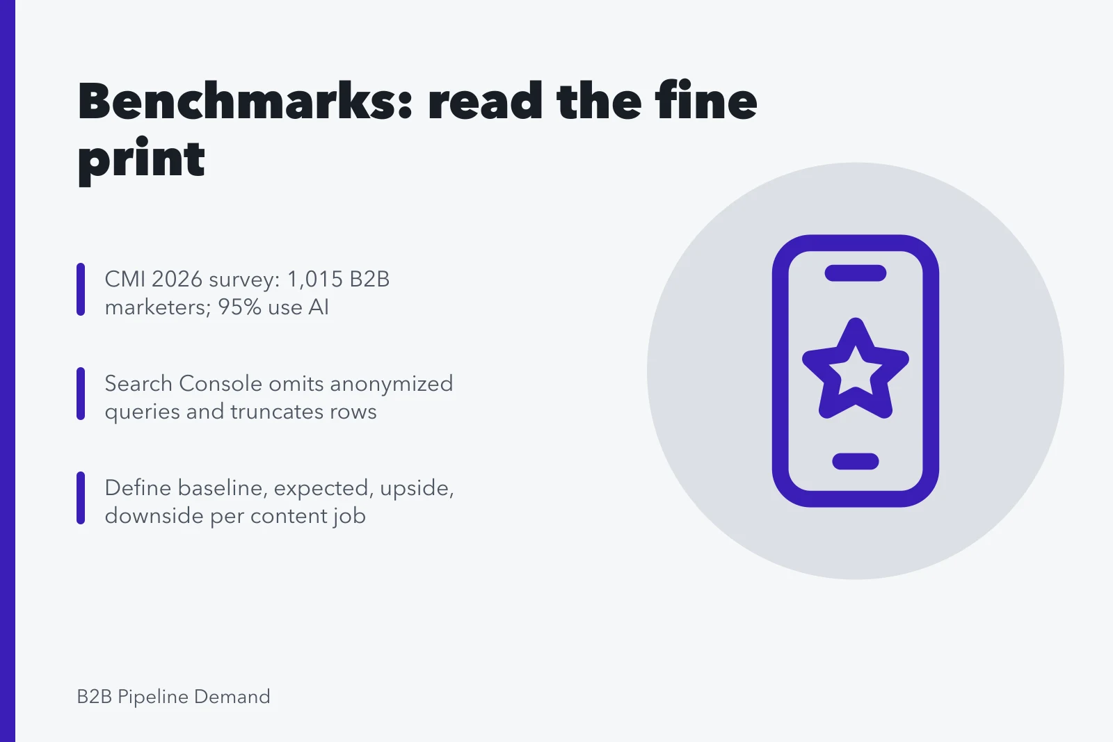 Card summarizing B2B content marketing benchmark cautions and planning ranges. Reading B2B content marketing benchmarks without fooling yourself