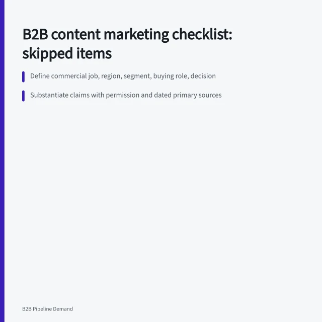 Checklist card for B2B content marketing covering purpose, evidence, and accessibility. B2B content marketing checklist: the items people skip