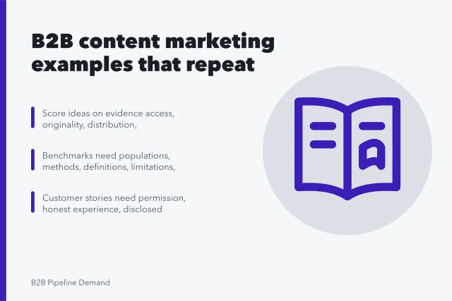 A diverse team wearing face masks discusses sales strategy with charts in a modern office. B2B content marketing examples: the patterns that repeat