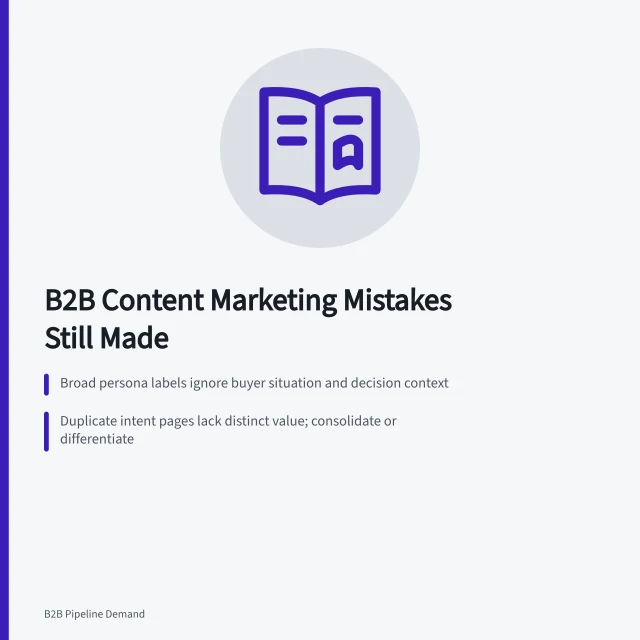 Card summarizing B2B content marketing mistakes: personas, duplicate intent, claim controls. B2B content marketing mistakes that experienced operators still make