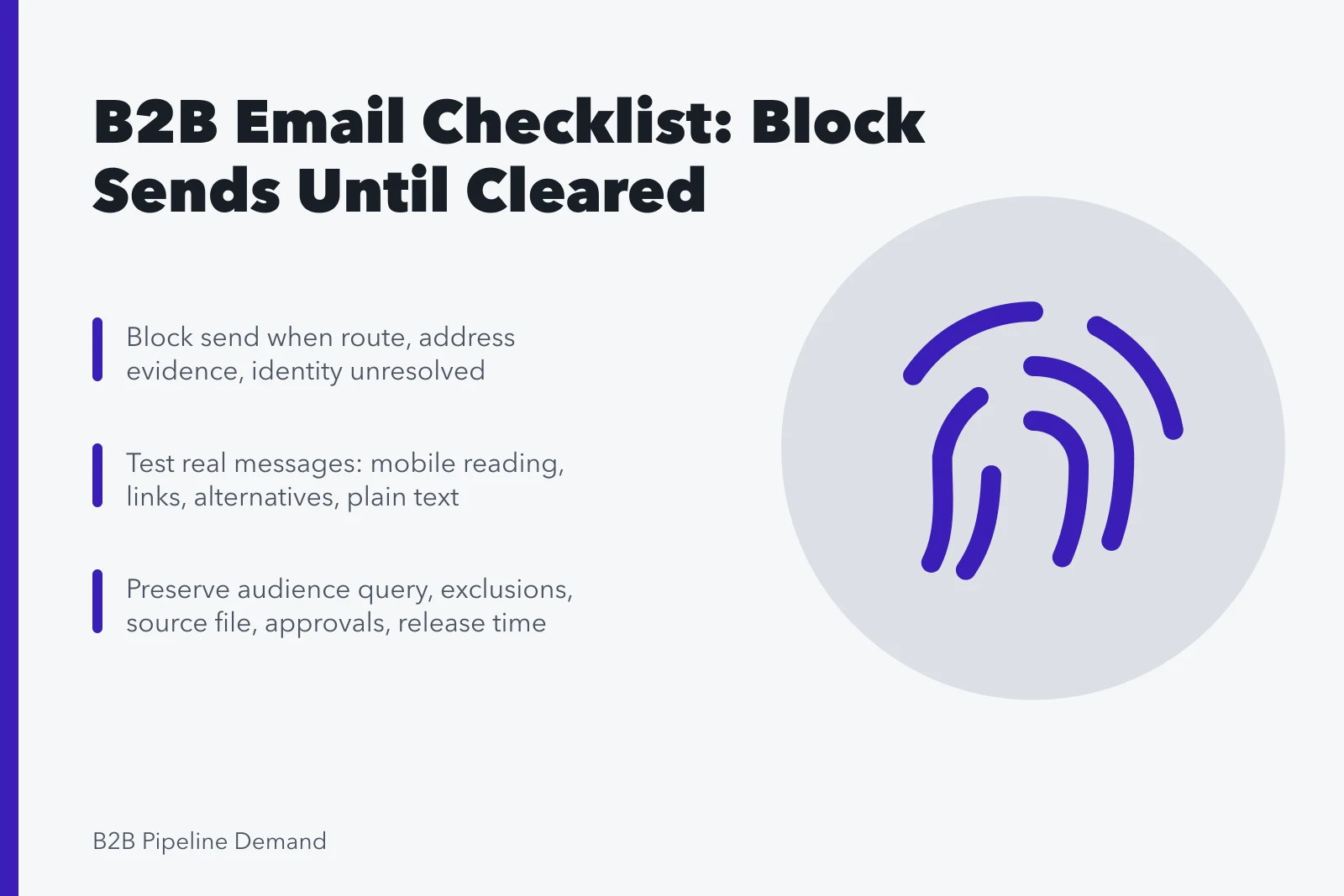 Checklist card for B2B email compliance gaps, approvals, testing, and records. Email compliance gaps are what a B2B checklist should catch first