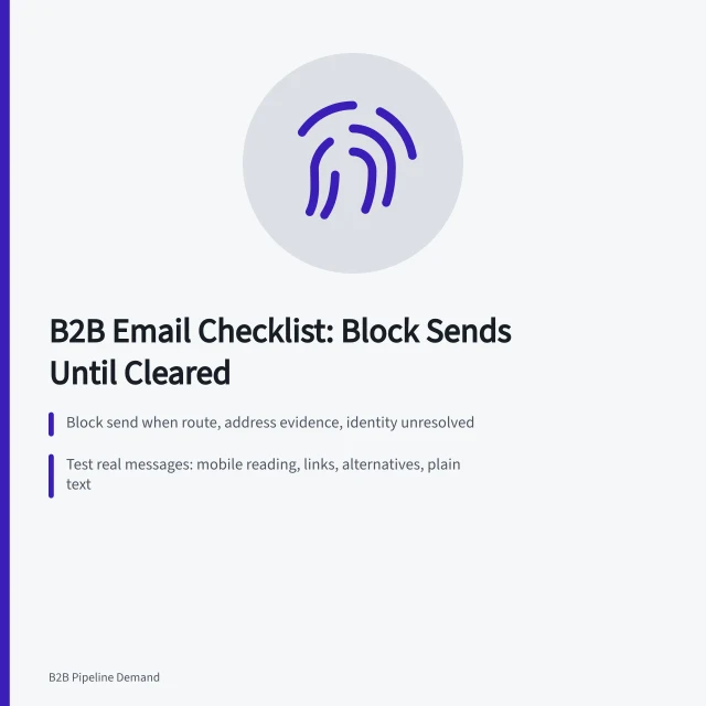 Checklist card for B2B email compliance gaps, approvals, testing, and records. Email compliance gaps are what a B2B checklist should catch first