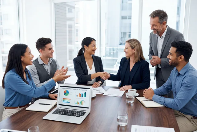 meeting, conference, business, office, team, collaboration, agreement, handshake, partnership, corporate, professional, discussion, presentation, chart, graph, laptop, documents, strategy, negotiation, success, leadership, workplace, formal, ai generated. B2B lead generation best practices: rules, forms and owners