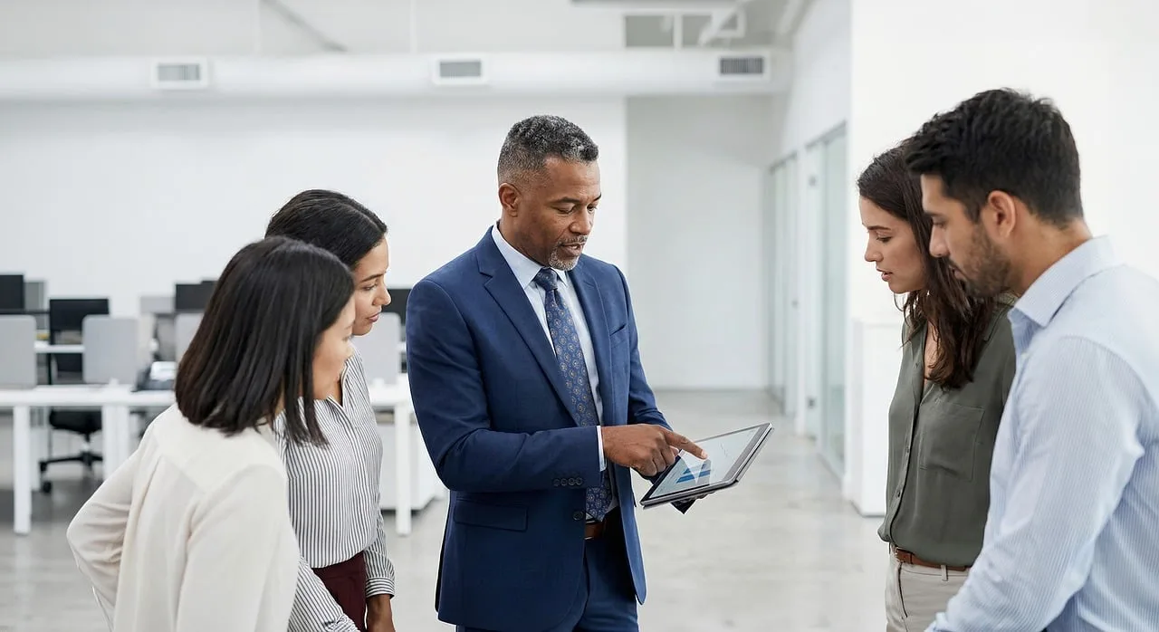 company, team, collaboration, office, meeting, technology, tablet, diverse, professionals, leadership, presentation, data, teamwork, modern, communication, strategy, innovation, group, workplace, accompaniment, ai generated. B2B Lead Generation Mistakes and How to Fix Them