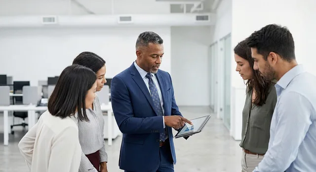 company, team, collaboration, office, meeting, technology, tablet, diverse, professionals, leadership, presentation, data, teamwork, modern, communication, strategy, innovation, group, workplace, accompaniment, ai generated. B2B Lead Generation Mistakes and How to Fix Them