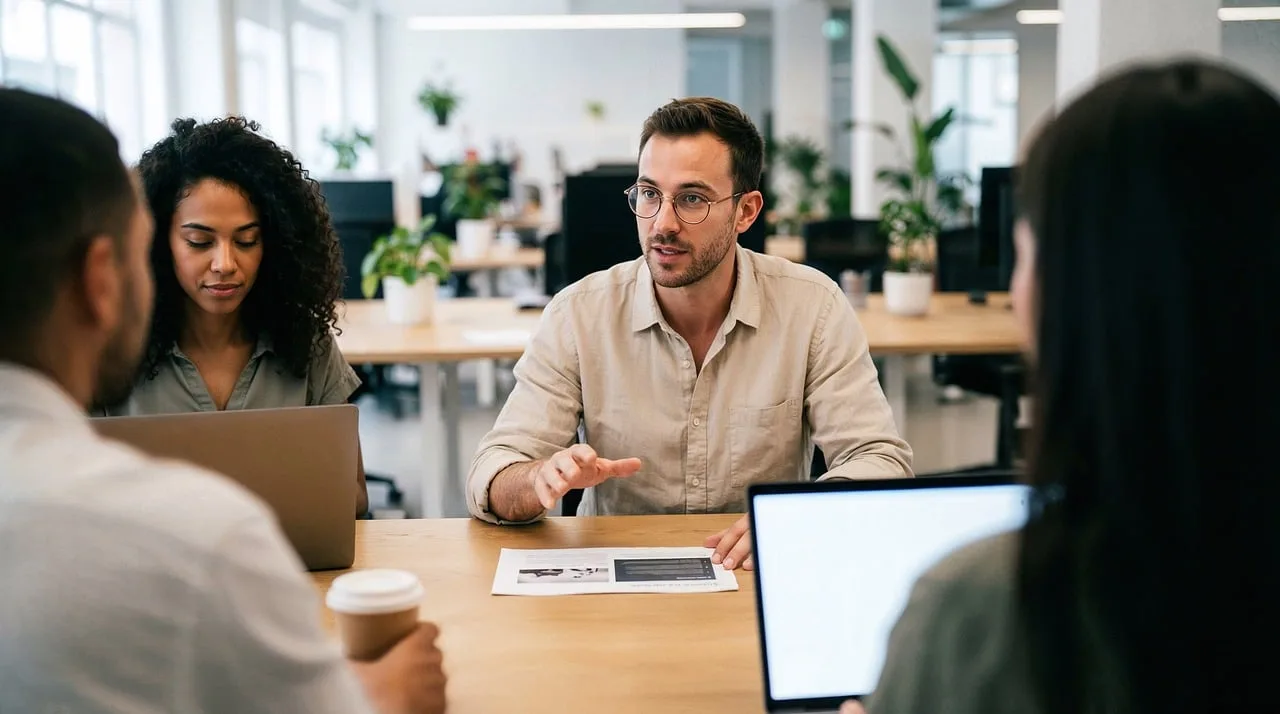 office, business, team, meeting, discussion, collaboration, colleagues, working, diverse, modern, laptops, desk, communication, teamwork, professionals, brainstorming, company, workspace, productive, together, ai generated. How B2B marketing analytics works for a team