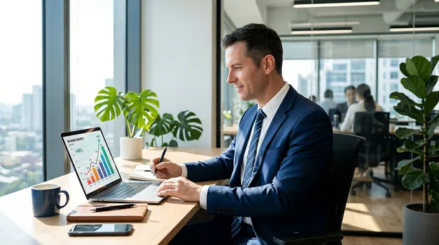 businessman, office, computer, meeting, chart, suit, body parts, analysis, forecast, workstation, laptop, cup, laptop computer, collaboration, colleagues, strategy, statistics, employment, manager. Common B2B lead generation questions answered: leads, MQLs, SQLs and metrics