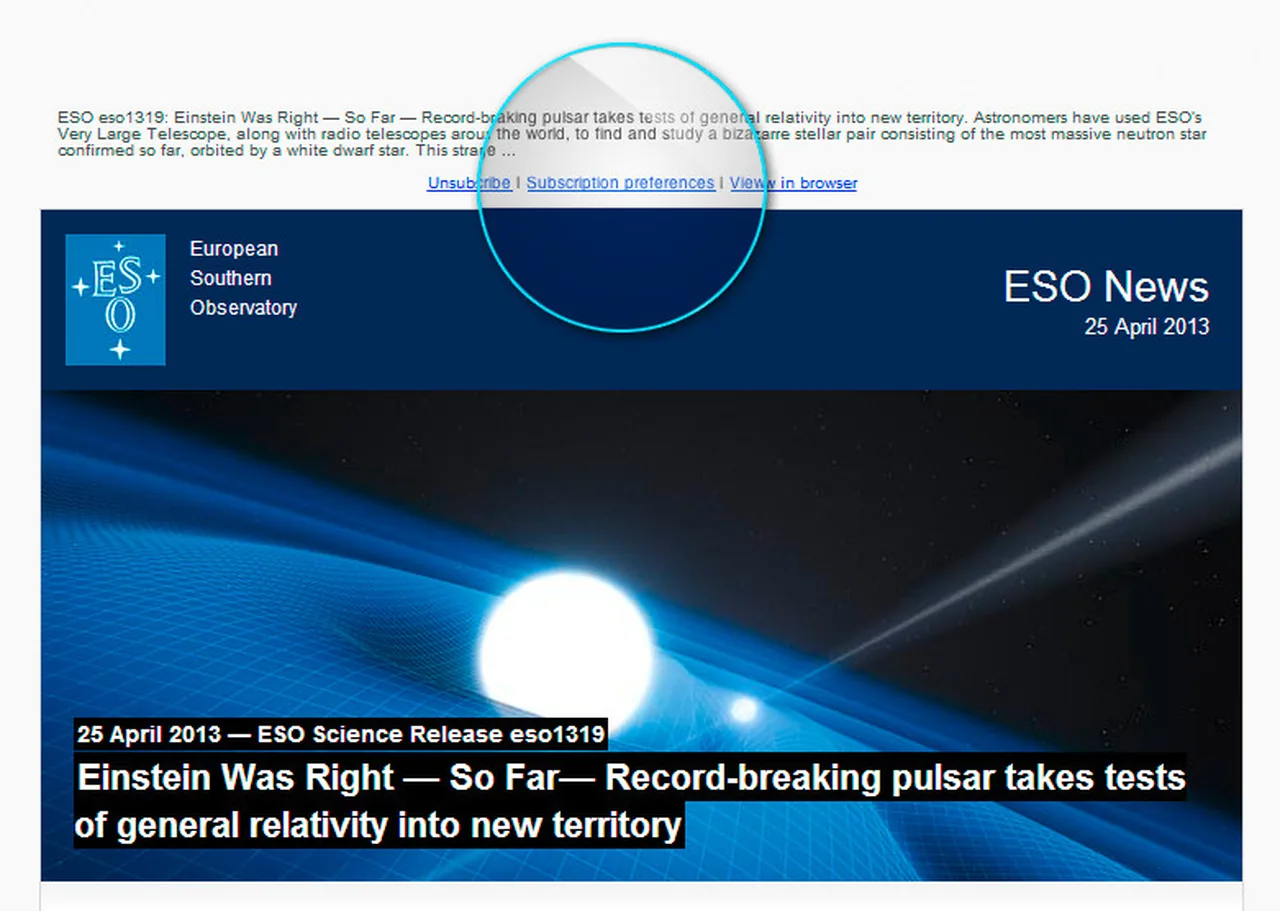 ESO News email newsletter showing a subscription preferences link.